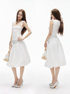 iamxiaa Puffed Bandeau Metal Ring Embellished A Line Women's Lyocell Cotton Midi Skirts