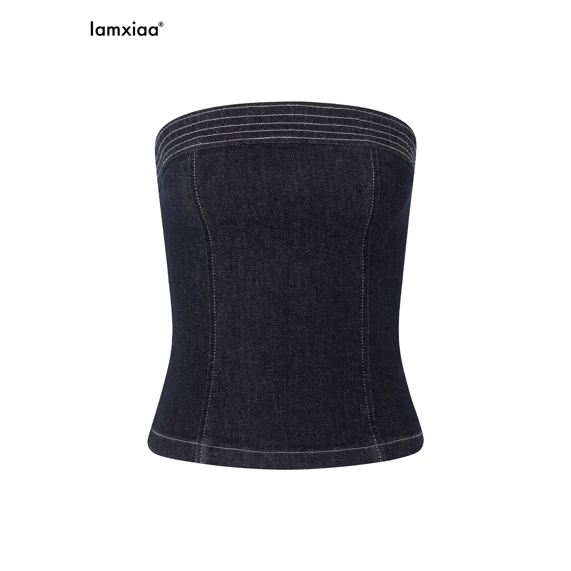 iamxiaa Raw Indigo Colorblock Bandeau Women's Denim Stretch Slim Flare Top & Pants Sets 917587982809