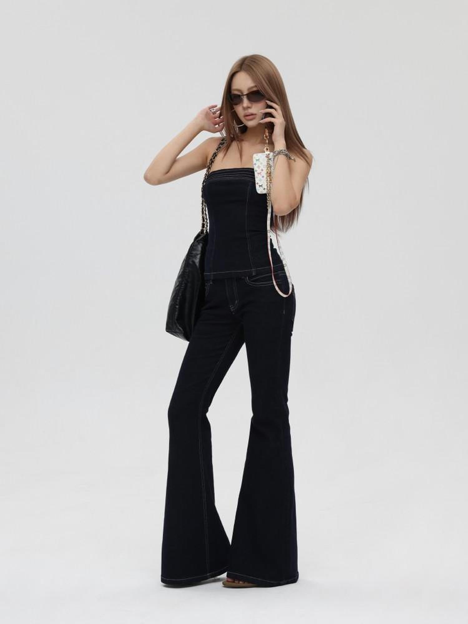 iamxiaa Raw Indigo Colorblock Bandeau Women's Denim Stretch Slim Flare Top & Pants Sets