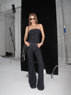 iamxiaa Raw Indigo Colorblock Bandeau Women's Denim Stretch Slim Flare Top & Pants Sets