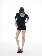 iamxiaa Relaxed V-neck Batwing One Shoulder Women's Short Sleeve T-shirts