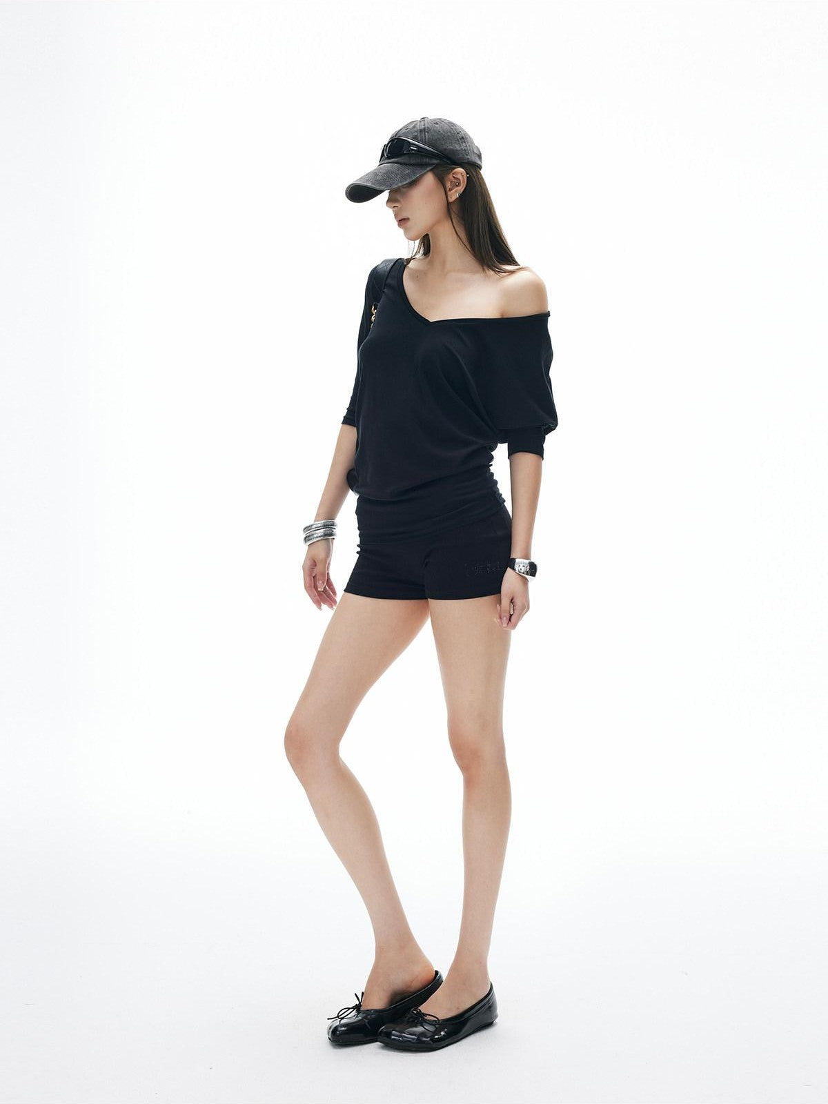 iamxiaa Relaxed V-neck Batwing One Shoulder Women's Short Sleeve T-shirts