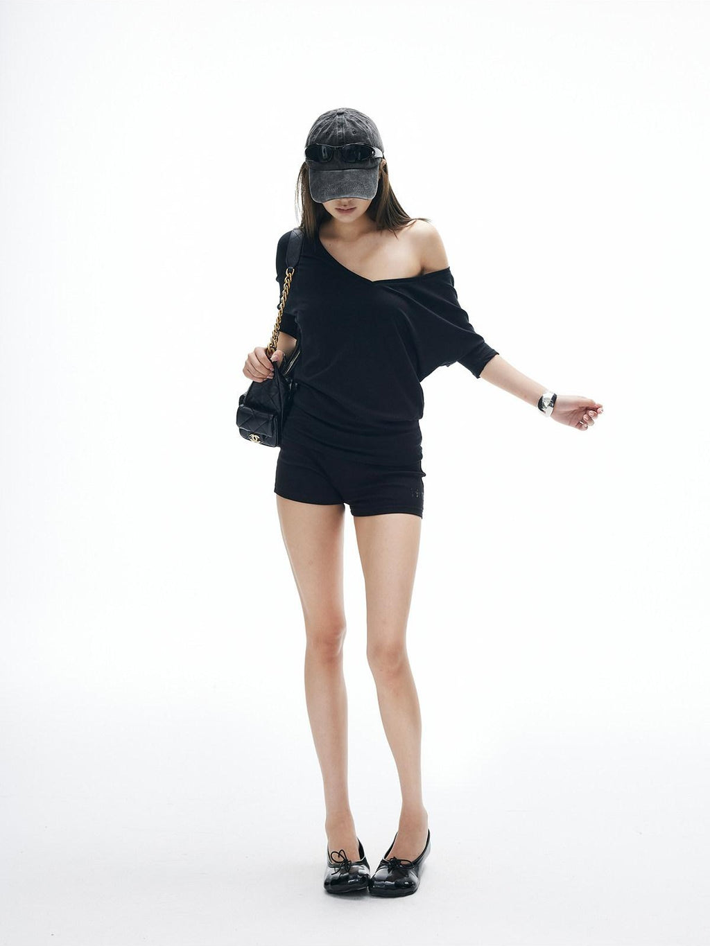 iamxiaa Relaxed V-neck Batwing One Shoulder Women's Short Sleeve T-shirts