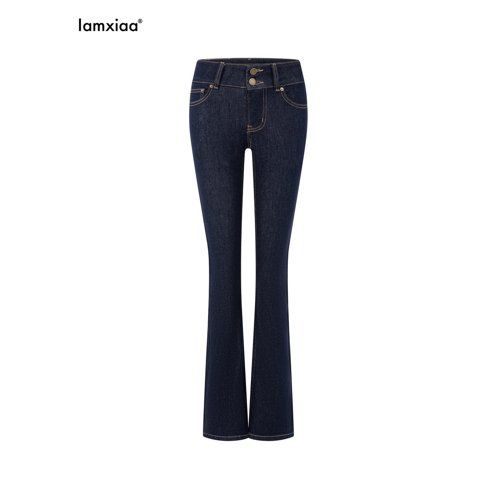 iamxiaa Retro Double Button Low Waist Wide Waist Slimming Women's Raw Denim Flare Jeans 1013148670597