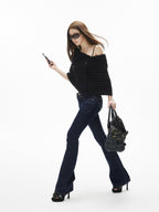 iamxiaa Retro Double Button Low Waist Wide Waist Slimming Women's Raw Denim Flare Jeans