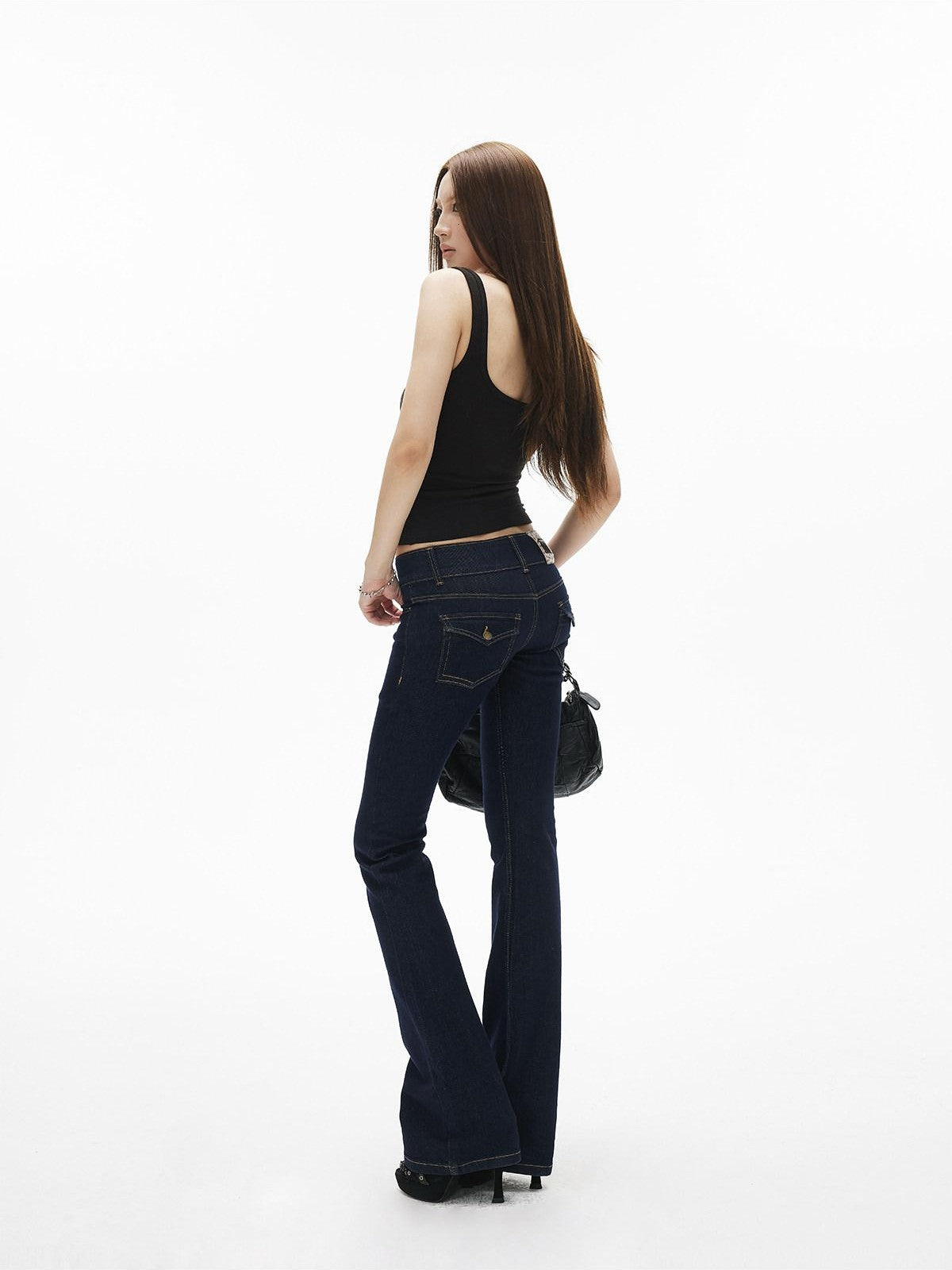 iamxiaa Retro Double Button Low Waist Wide Waist Slimming Women's Raw Denim Flare Jeans