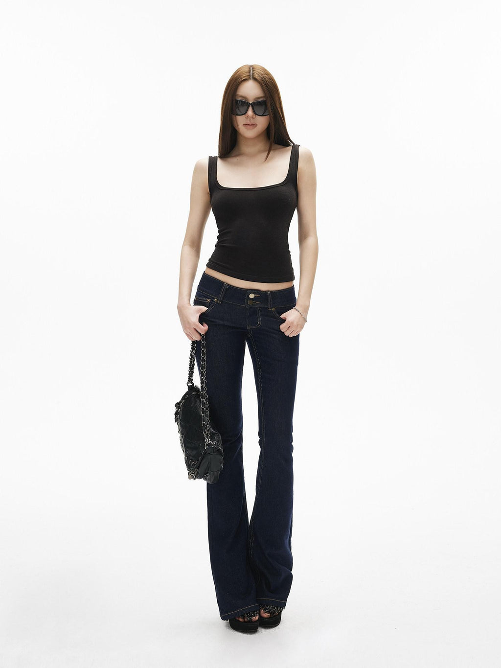 iamxiaa Retro Double Button Low Waist Wide Waist Slimming Women's Raw Denim Flare Jeans
