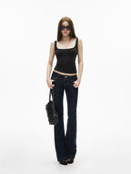 iamxiaa Retro Double Button Low Waist Wide Waist Slimming Women's Raw Denim Flare Jeans