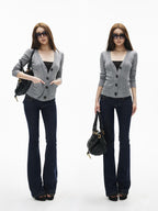 iamxiaa Retro Double Button Low Waist Wide Waist Slimming Women's Raw Denim Flare Jeans
