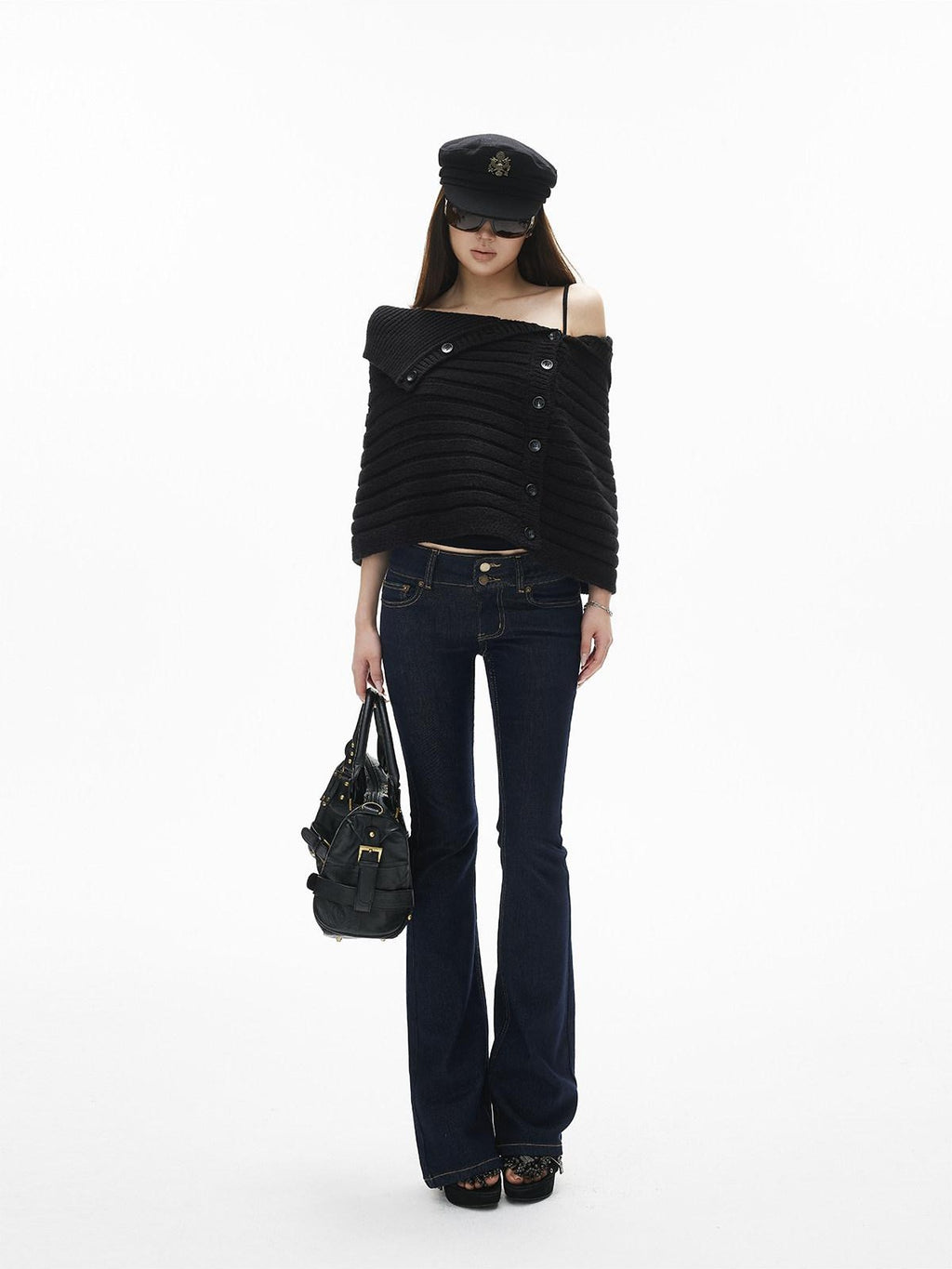 iamxiaa Retro Double Button Low Waist Wide Waist Slimming Women's Raw Denim Flare Jeans