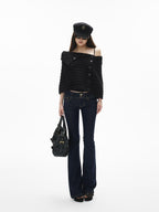 iamxiaa Retro Double Button Low Waist Wide Waist Slimming Women's Raw Denim Flare Jeans