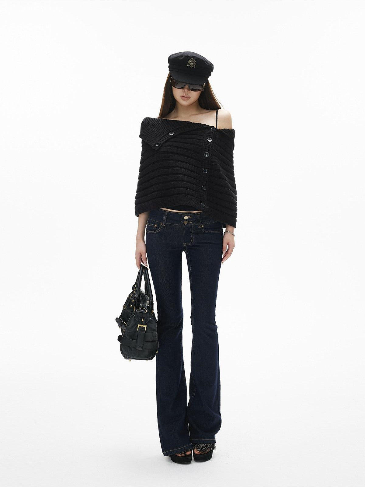 iamxiaa Retro Double Button Low Waist Wide Waist Slimming Women's Raw Denim Flare Jeans