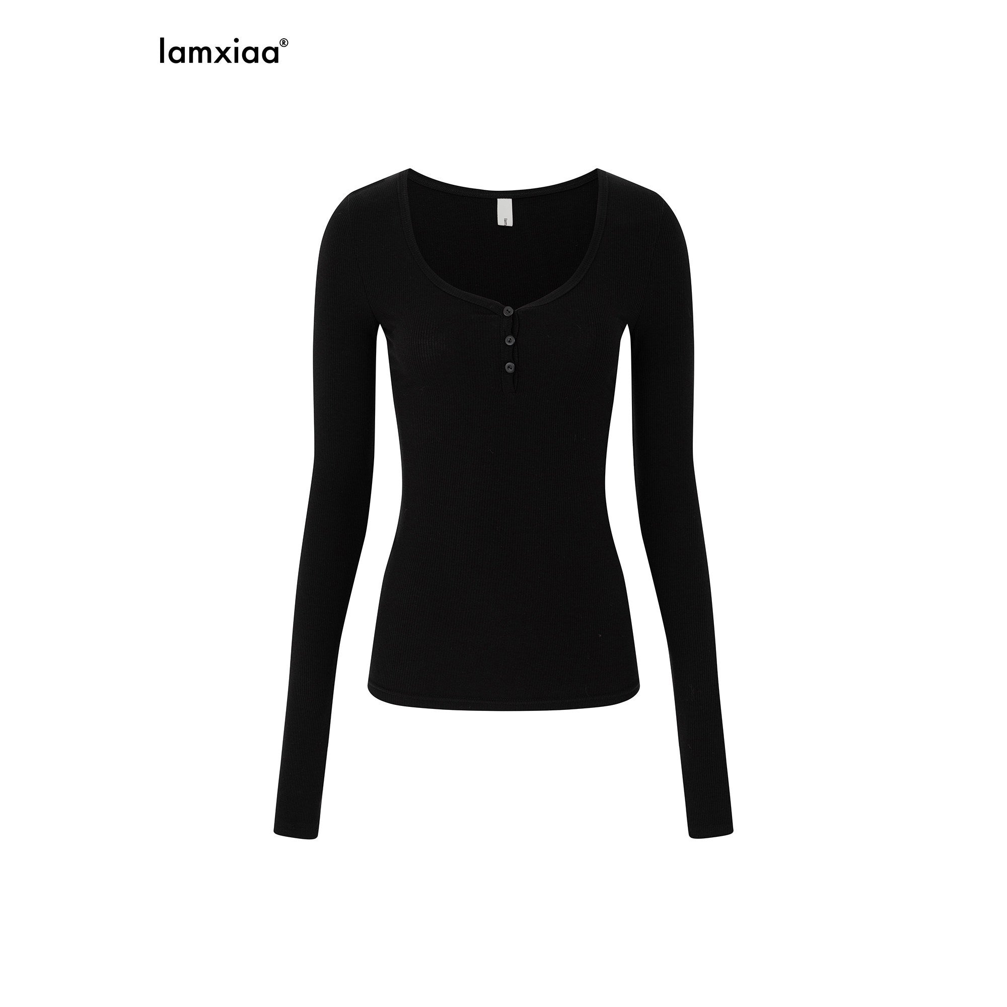 iamxiaa Ribbed U Henley Neck Slim Fit Stretch Women's Tencel Wool Long Sleeve T-shirts 981299175743