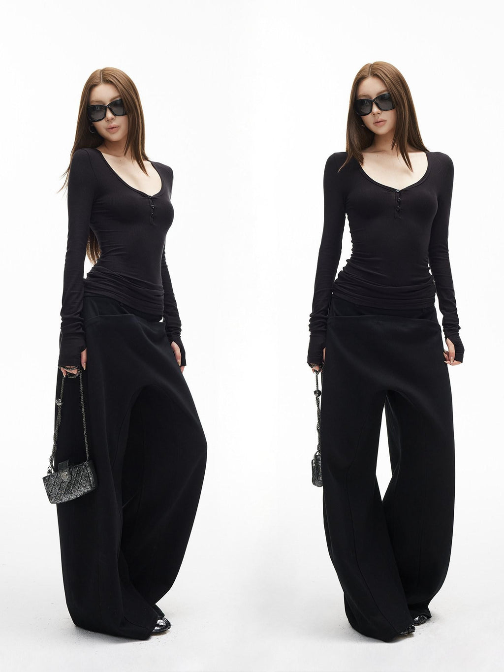 iamxiaa Ribbed U Henley Neck Slim Fit Stretch Women's Tencel Wool Long Sleeve T-shirts
