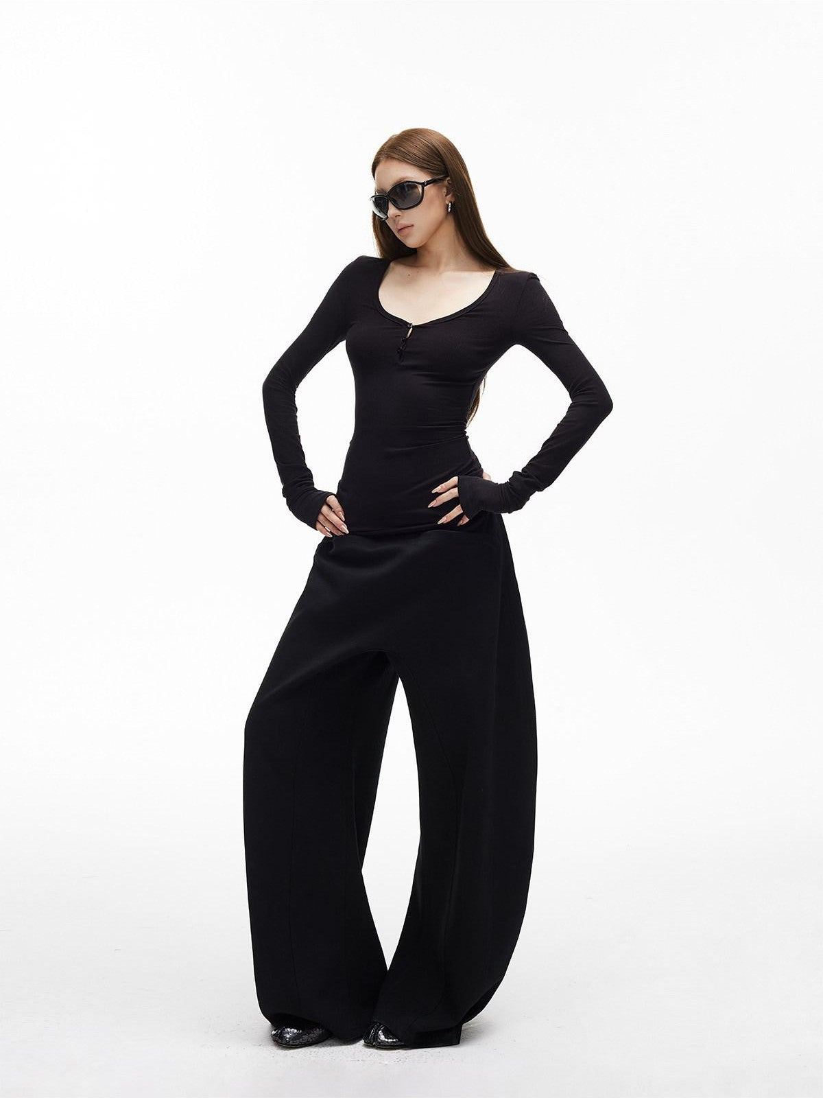 iamxiaa Ribbed U Henley Neck Slim Fit Stretch Women's Tencel Wool Long Sleeve T-shirts