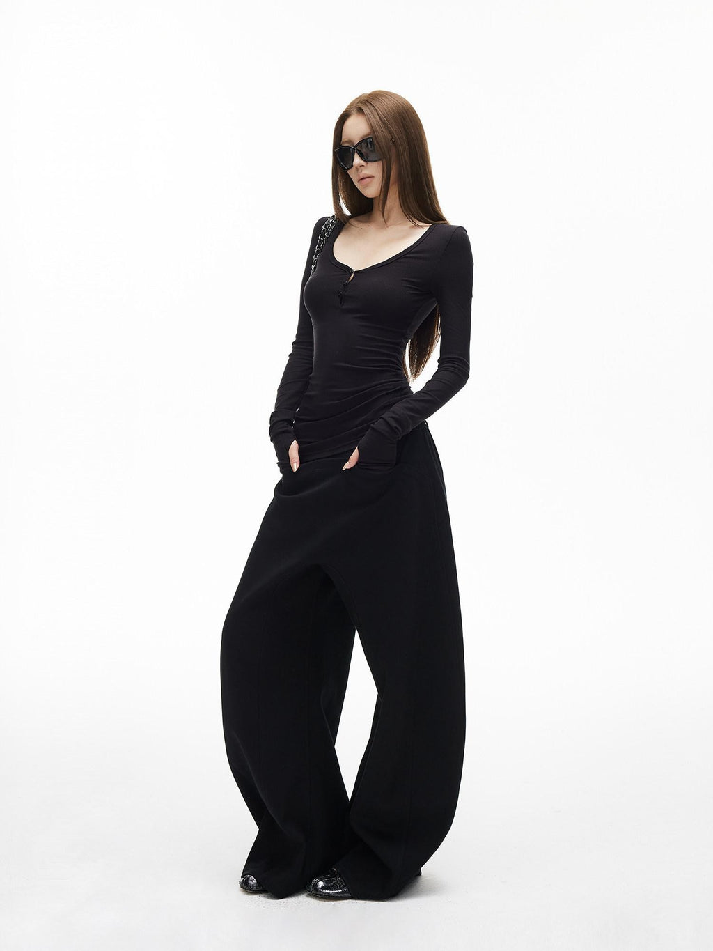 iamxiaa Ribbed U Henley Neck Slim Fit Stretch Women's Tencel Wool Long Sleeve T-shirts