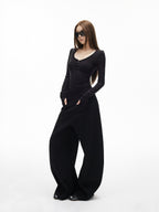 iamxiaa Ribbed U Henley Neck Slim Fit Stretch Women's Tencel Wool Long Sleeve T-shirts