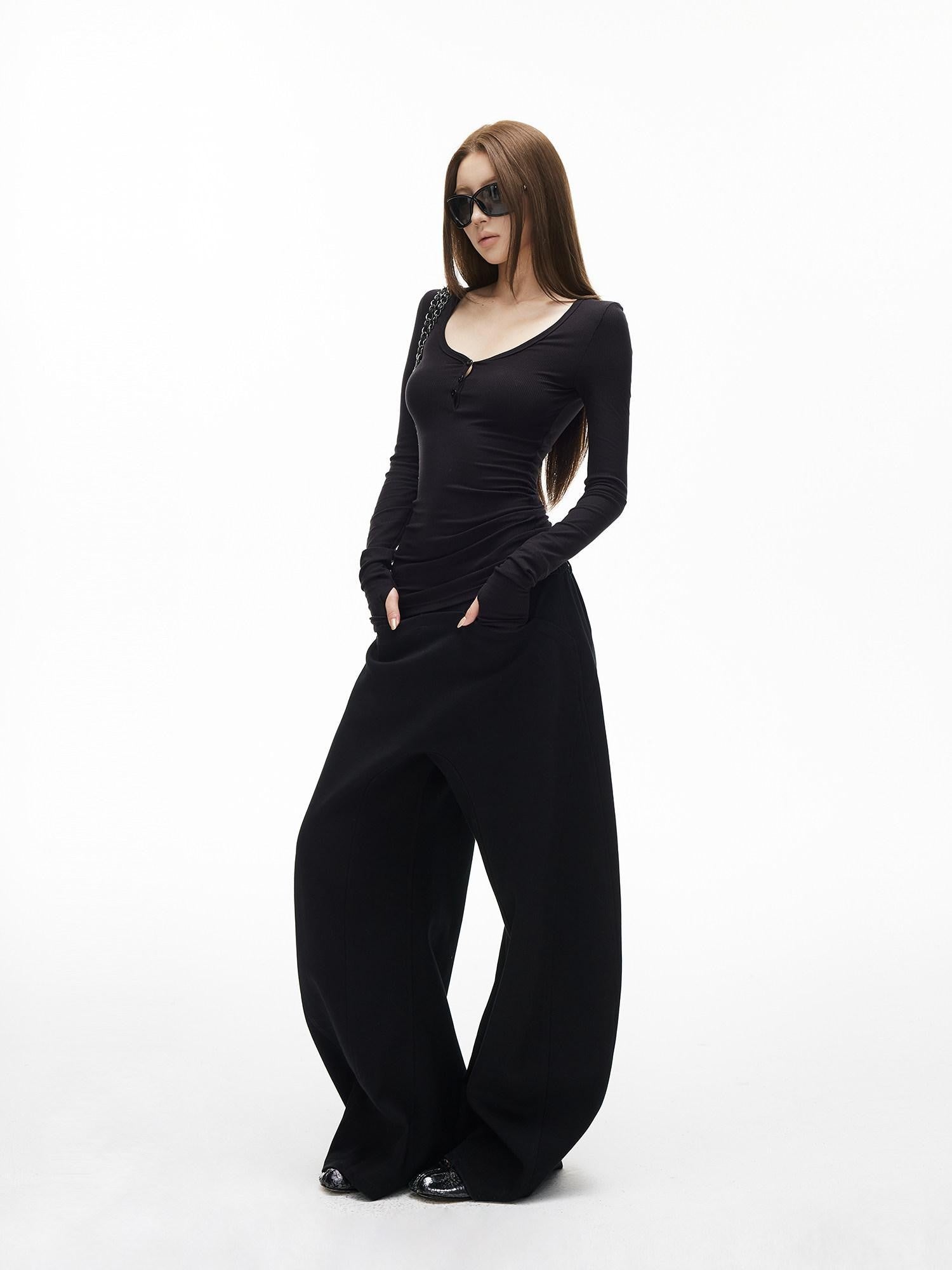 iamxiaa Ribbed U Henley Neck Slim Fit Stretch Women's Tencel Wool Long Sleeve T-shirts
