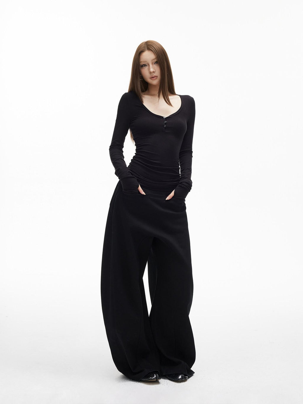 iamxiaa Ribbed U Henley Neck Slim Fit Stretch Women's Tencel Wool Long Sleeve T-shirts