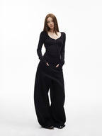 iamxiaa Ribbed U Henley Neck Slim Fit Stretch Women's Tencel Wool Long Sleeve T-shirts