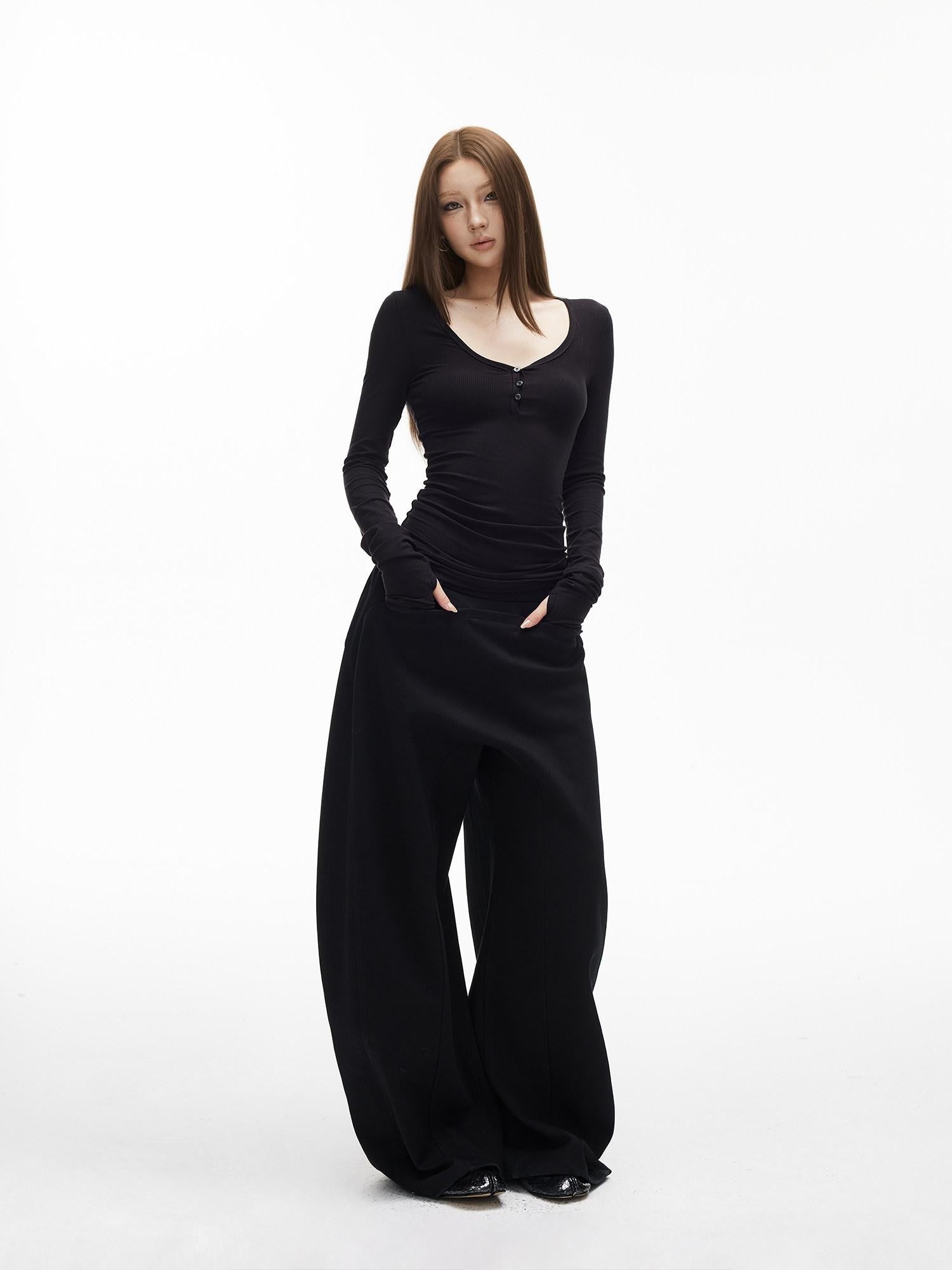 iamxiaa Ribbed U Henley Neck Slim Fit Stretch Women's Tencel Wool Long Sleeve T-shirts