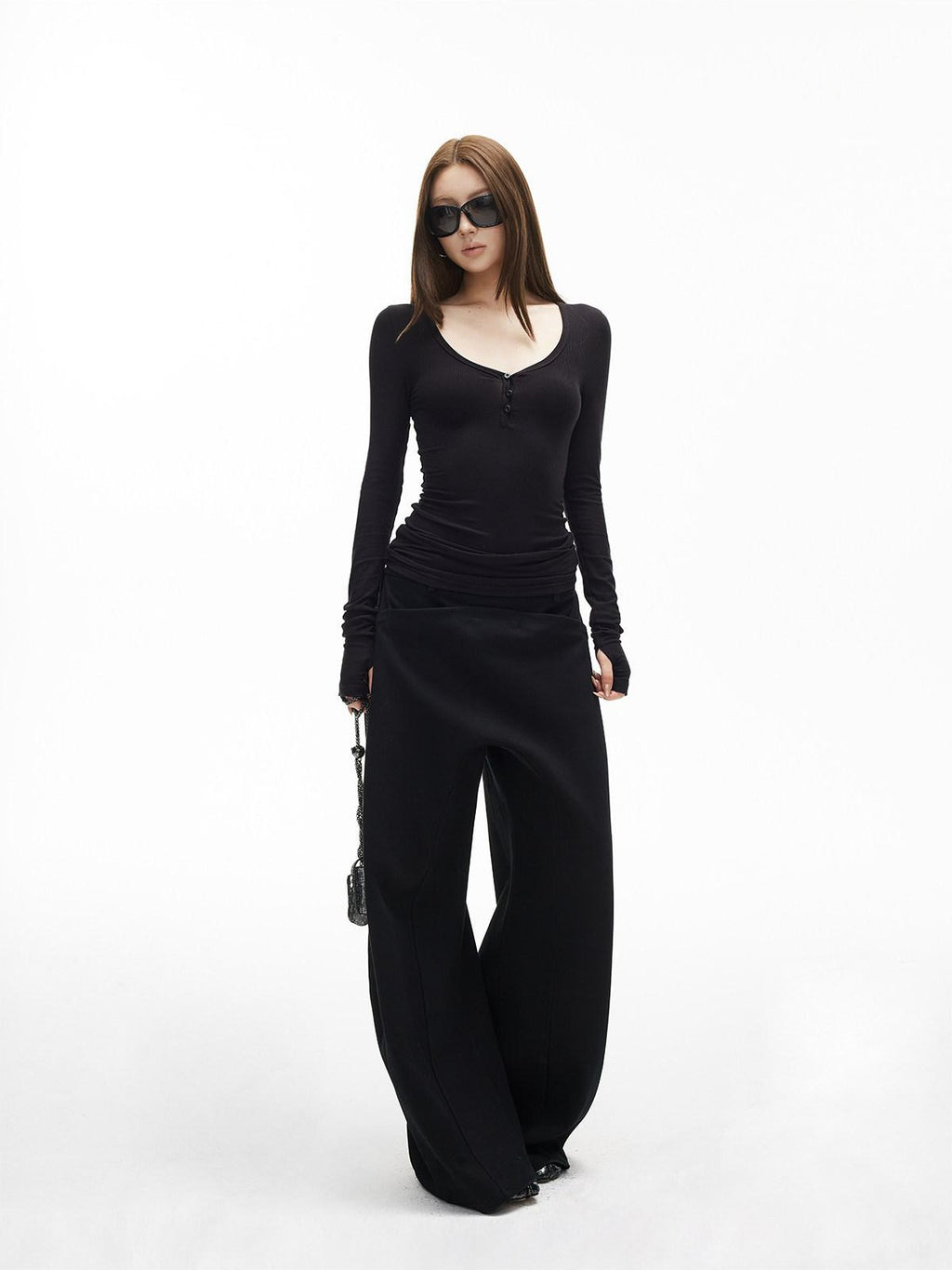 iamxiaa Ribbed U Henley Neck Slim Fit Stretch Women's Tencel Wool Long Sleeve T-shirts