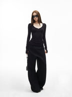 iamxiaa Ribbed U Henley Neck Slim Fit Stretch Women's Tencel Wool Long Sleeve T-shirts