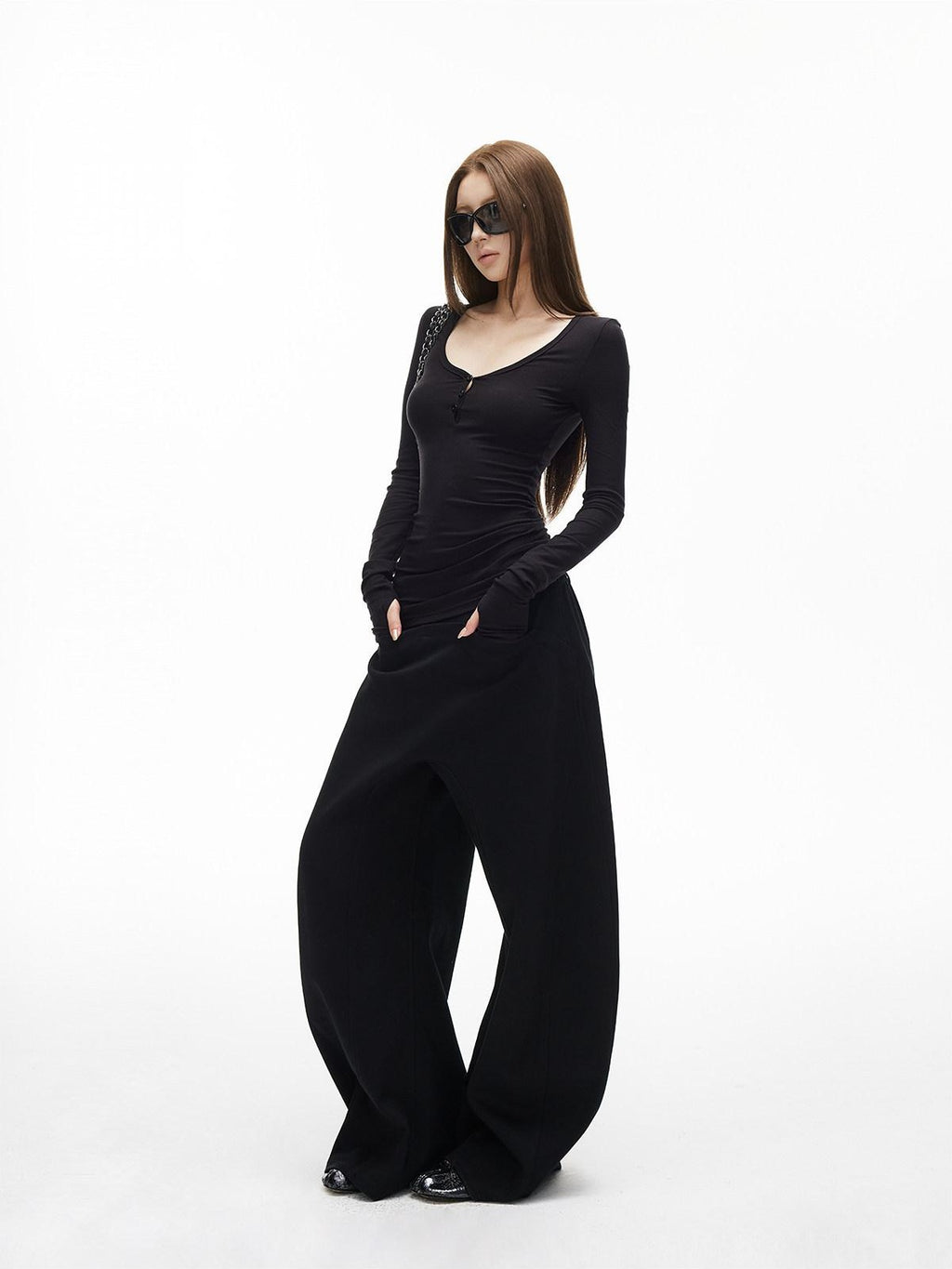 iamxiaa Ribbed U Henley Neck Slim Fit Stretch Women's Tencel Wool Long Sleeve T-shirts