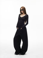 iamxiaa Ribbed U Henley Neck Slim Fit Stretch Women's Tencel Wool Long Sleeve T-shirts