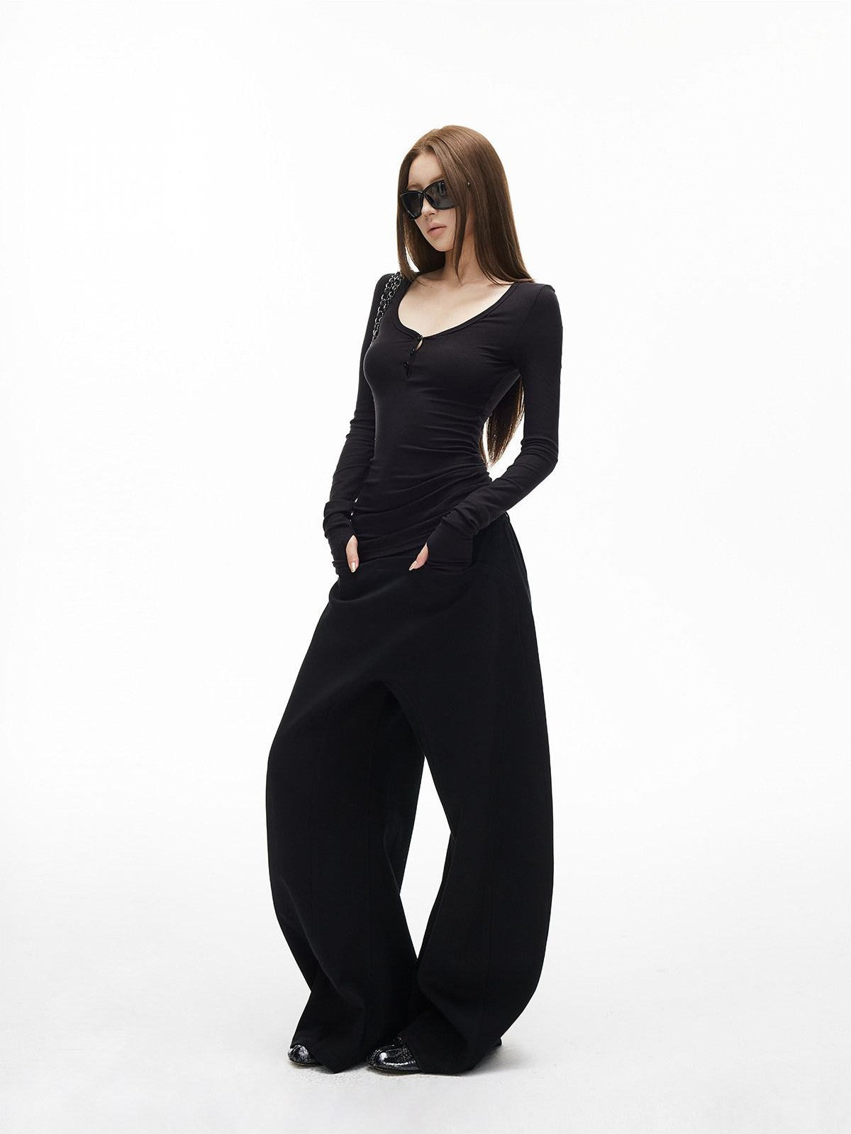 iamxiaa Ribbed U Henley Neck Slim Fit Stretch Women's Tencel Wool Long Sleeve T-shirts