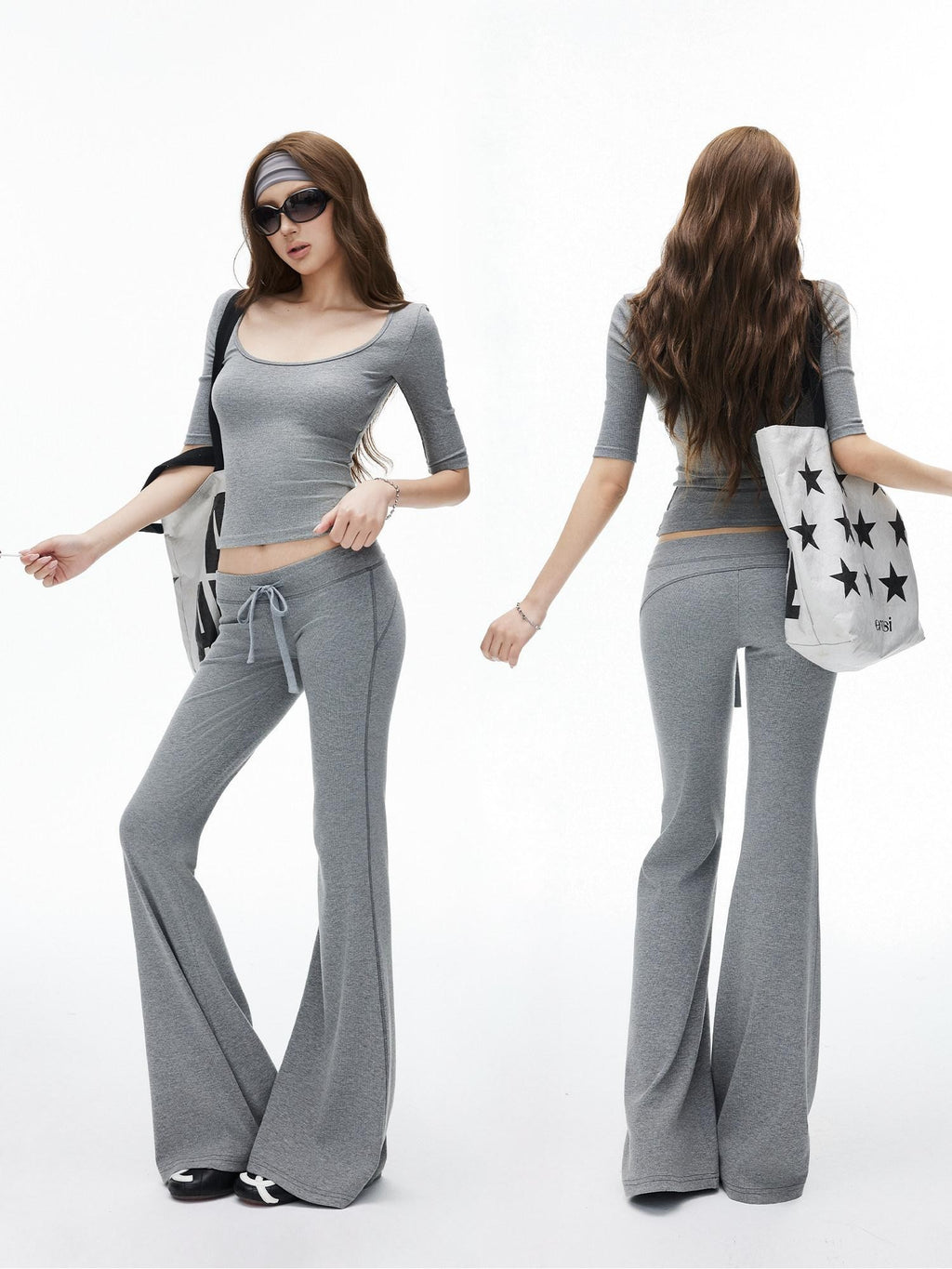 iamxiaa Ribbed U Neck High Stretch Slim Low Rise Flare Women's Silk Top & Pants Sets