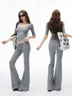 iamxiaa Ribbed U Neck High Stretch Slim Low Rise Flare Women's Silk Top & Pants Sets