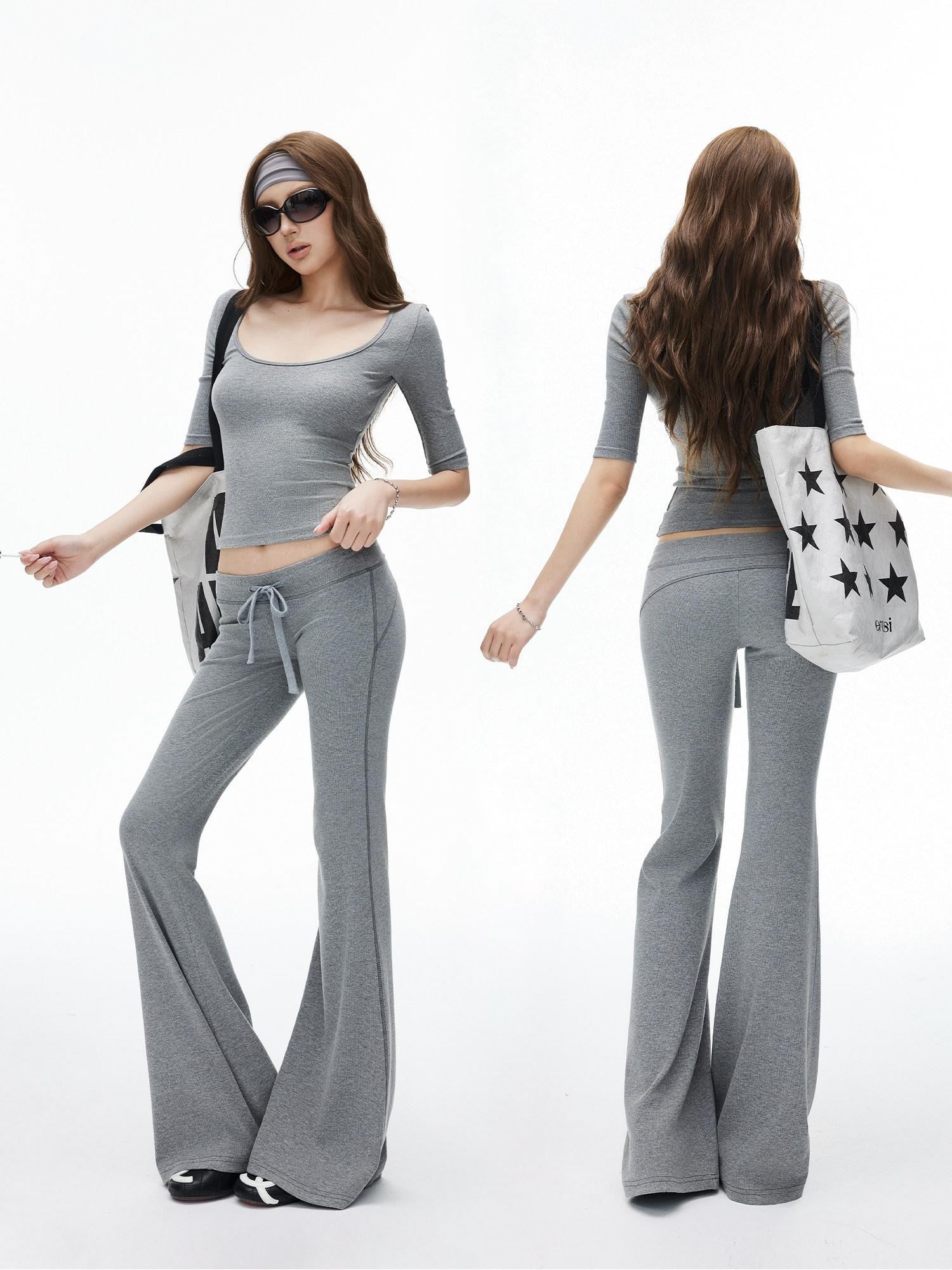 iamxiaa Ribbed U Neck High Stretch Slim Low Rise Flare Women's Silk Top & Pants Sets