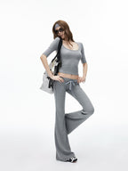 iamxiaa Ribbed U Neck High Stretch Slim Low Rise Flare Women's Silk Top & Pants Sets