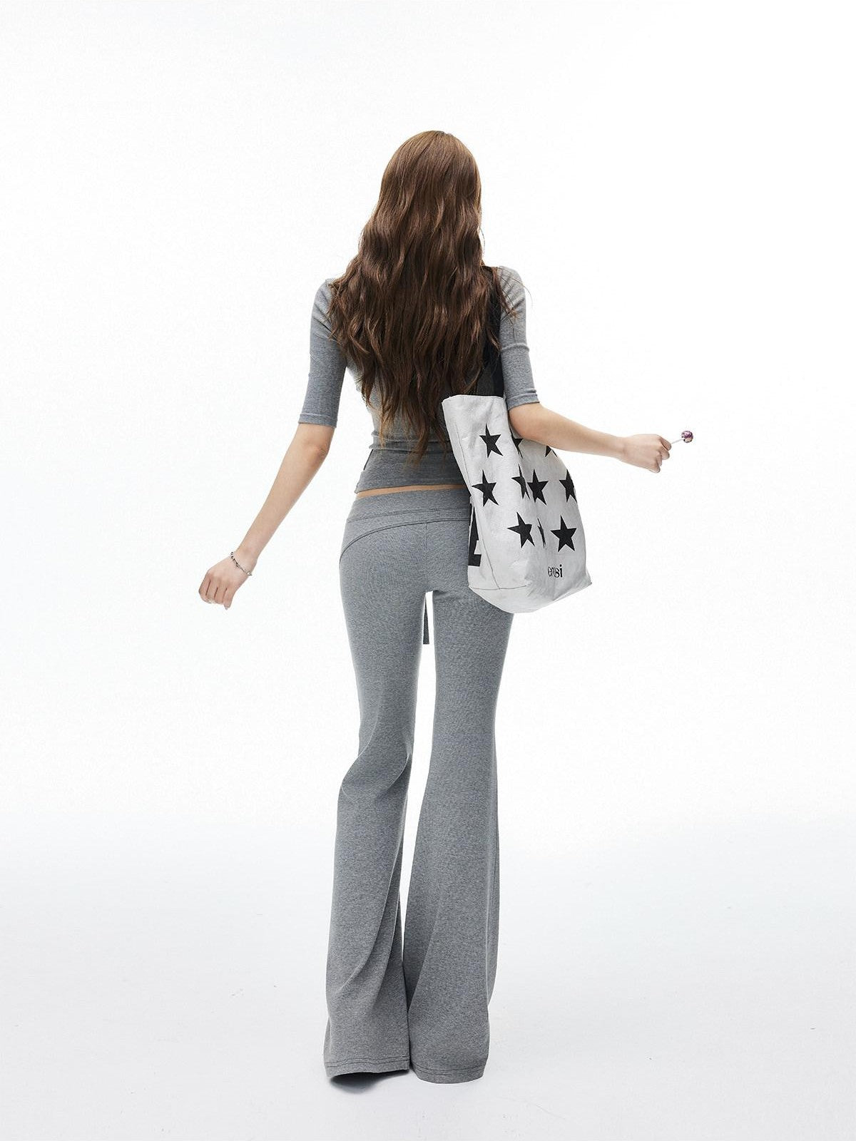 iamxiaa Ribbed U Neck High Stretch Slim Low Rise Flare Women's Silk Top & Pants Sets