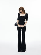 iamxiaa Ribbed U Neck High Stretch Slim Low Rise Flare Women's Silk Top & Pants Sets