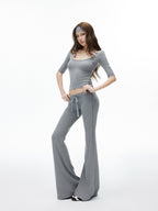 iamxiaa Ribbed U Neck High Stretch Slim Low Rise Flare Women's Silk Top & Pants Sets