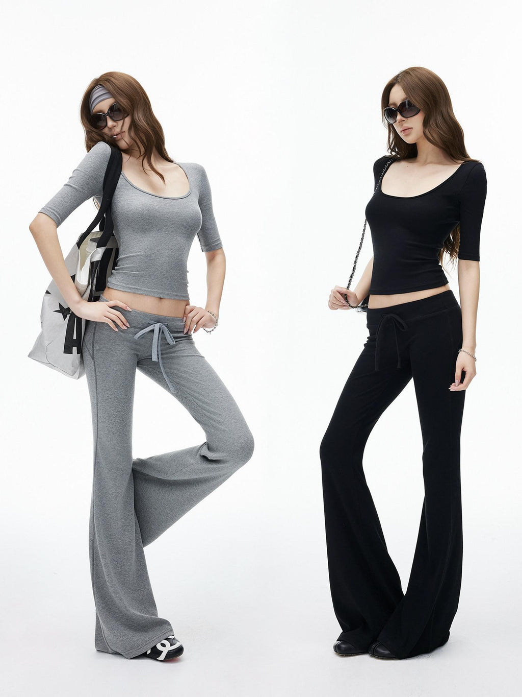 iamxiaa Ribbed U Neck High Stretch Slim Low Rise Flare Women's Silk Top & Pants Sets
