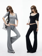 iamxiaa Ribbed U Neck High Stretch Slim Low Rise Flare Women's Silk Top & Pants Sets