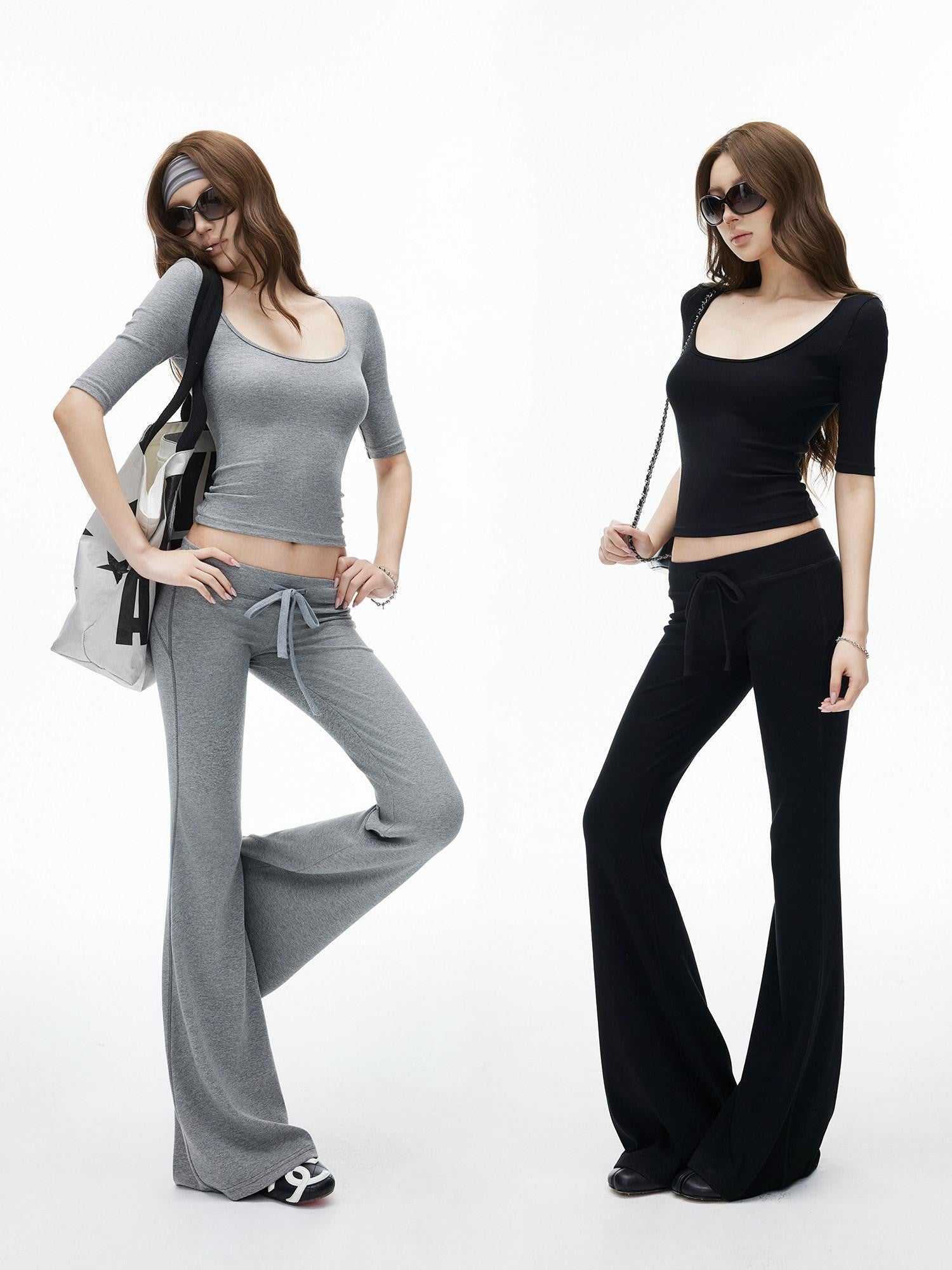 iamxiaa Ribbed U Neck High Stretch Slim Low Rise Flare Women's Silk Top & Pants Sets
