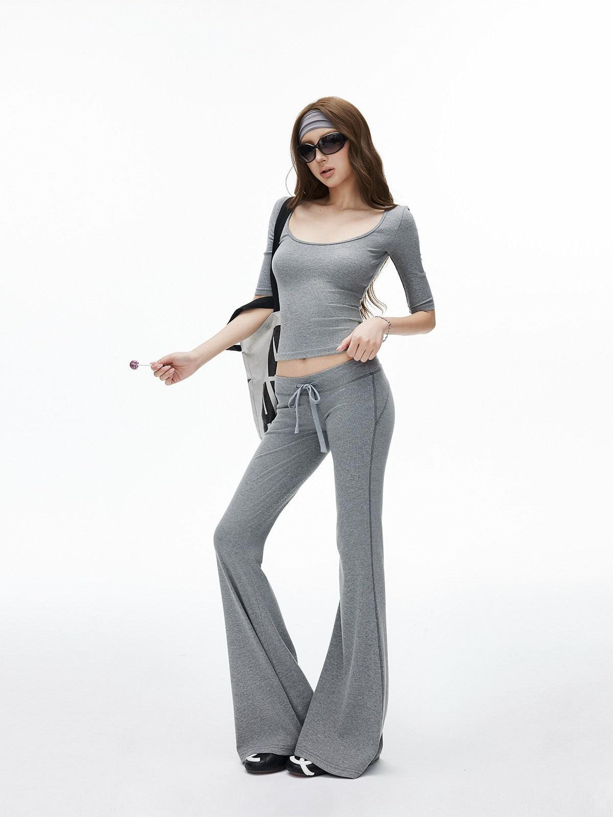 iamxiaa Ribbed U Neck High Stretch Slim Low Rise Flare Women's Silk Top & Pants Sets