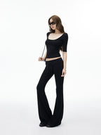 iamxiaa Ribbed U Neck High Stretch Slim Low Rise Flare Women's Silk Top & Pants Sets