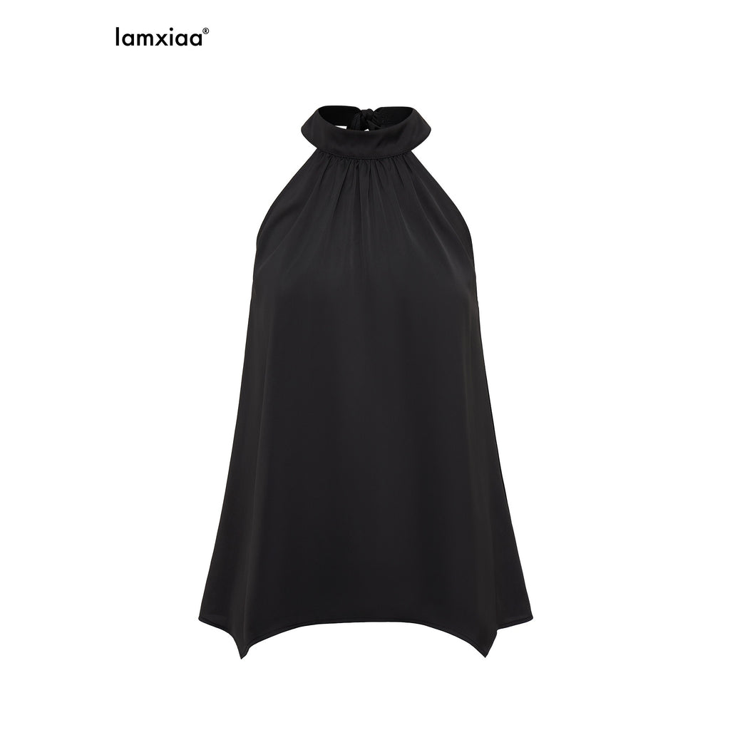 iamxiaa Ruched Cutout Shoulder Halter Back Tie Women's Satin Chiffon Tank Tops 968007872649