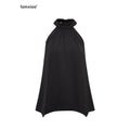 iamxiaa Ruched Cutout Shoulder Halter Back Tie Women's Satin Chiffon Tank Tops 968007872649