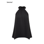 iamxiaa Ruched Cutout Shoulder Halter Back Tie Women's Satin Chiffon Tank Tops 968007872649