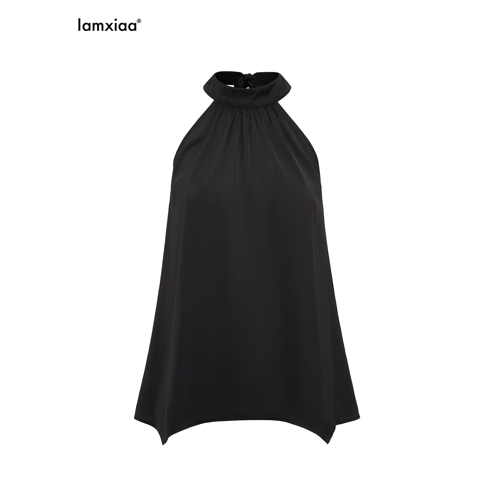iamxiaa Ruched Cutout Shoulder Halter Back Tie Women's Satin Chiffon Tank Tops 968007872649