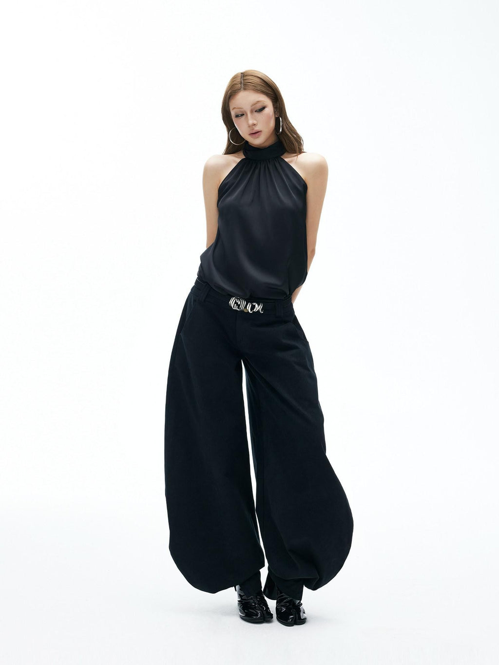 iamxiaa Ruched Cutout Shoulder Halter Back Tie Women's Satin Chiffon Tank Tops