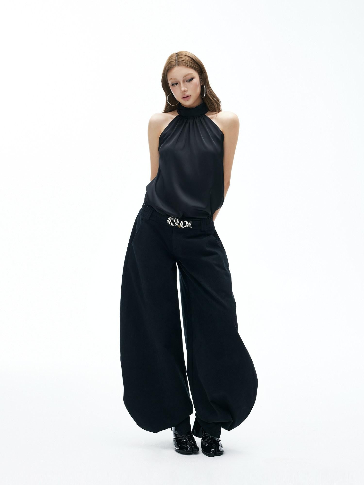 iamxiaa Ruched Cutout Shoulder Halter Back Tie Women's Satin Chiffon Tank Tops