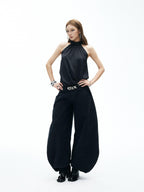 iamxiaa Ruched Cutout Shoulder Halter Back Tie Women's Satin Chiffon Tank Tops