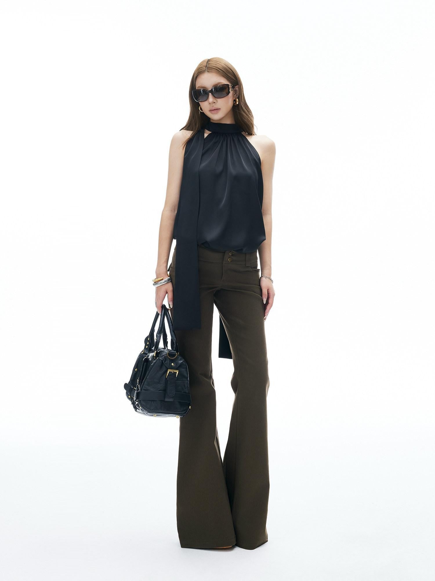 iamxiaa Ruched Cutout Shoulder Halter Back Tie Women's Satin Chiffon Tank Tops